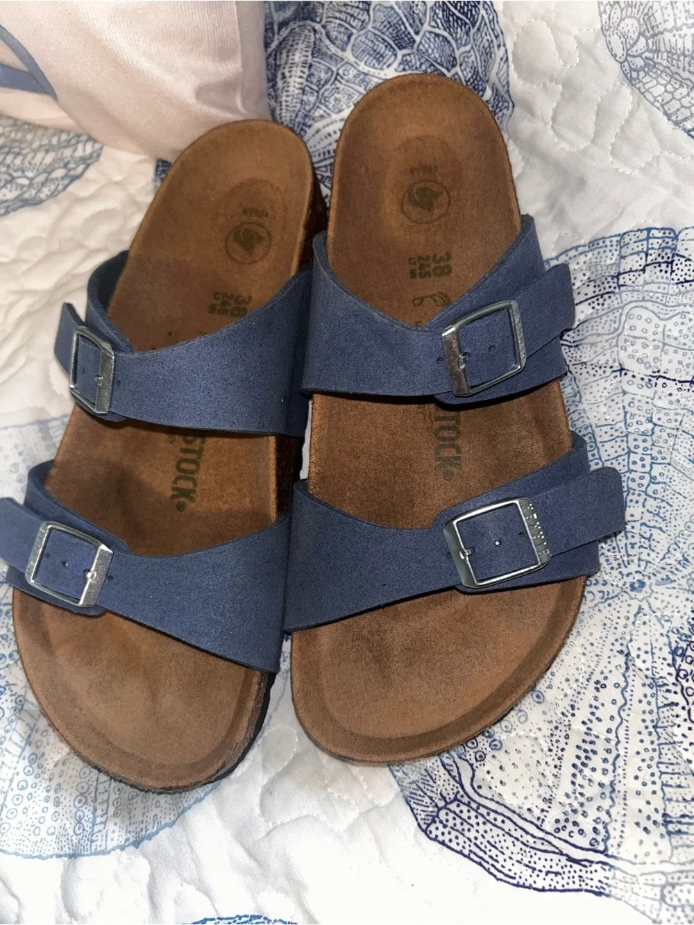 Birkenstock Two-Strap Sandals in Blue with Brown Footbed size 38=7/7.5